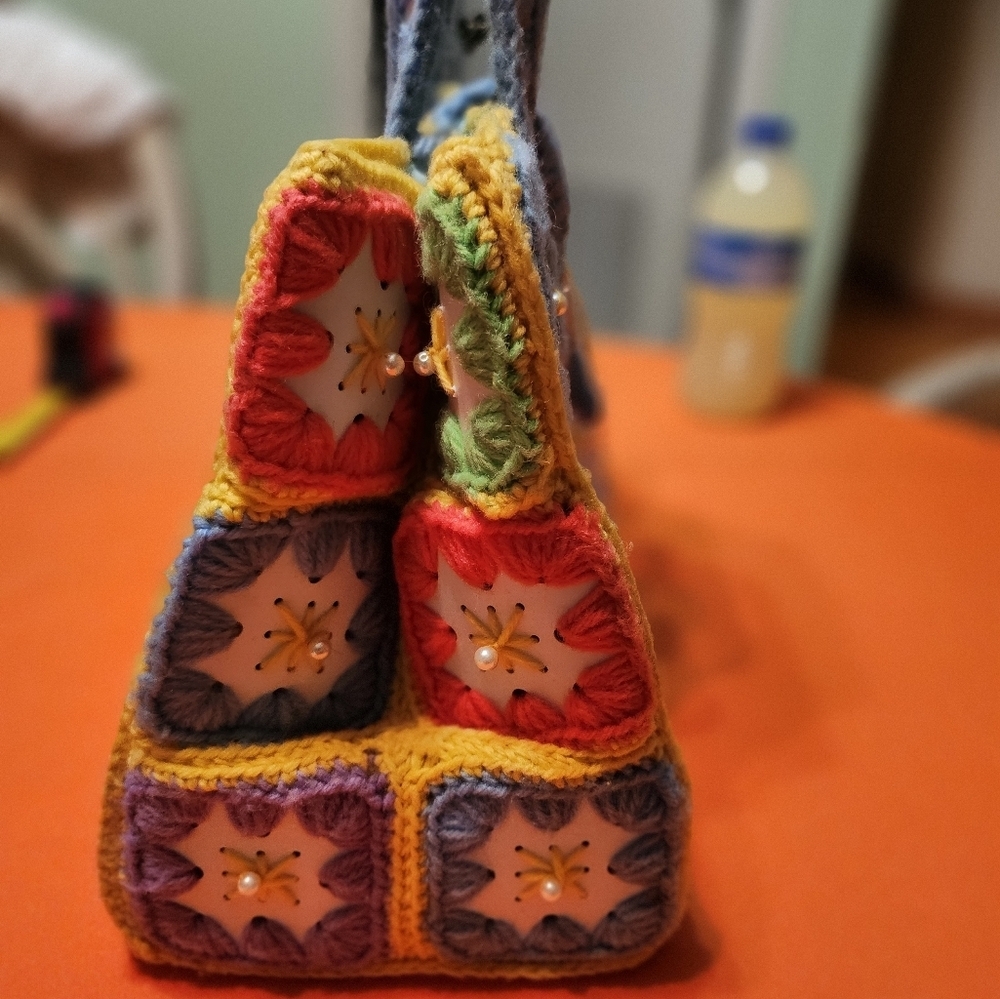 Bohemian VINTAGE  Colorful CRAFTED Crochet Tote Bag - Picture 13 of 16